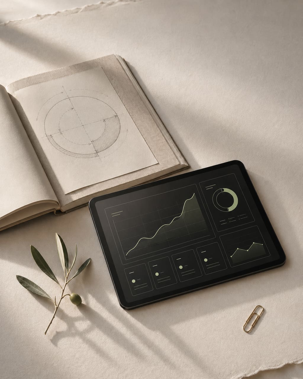 Olive branch resting beside a thin black tablet showing a calm sage-green data line and an open linen-bound notebook with a hand-sketched circular diagram, on warm cream paper — Loyaltio editorial still life.