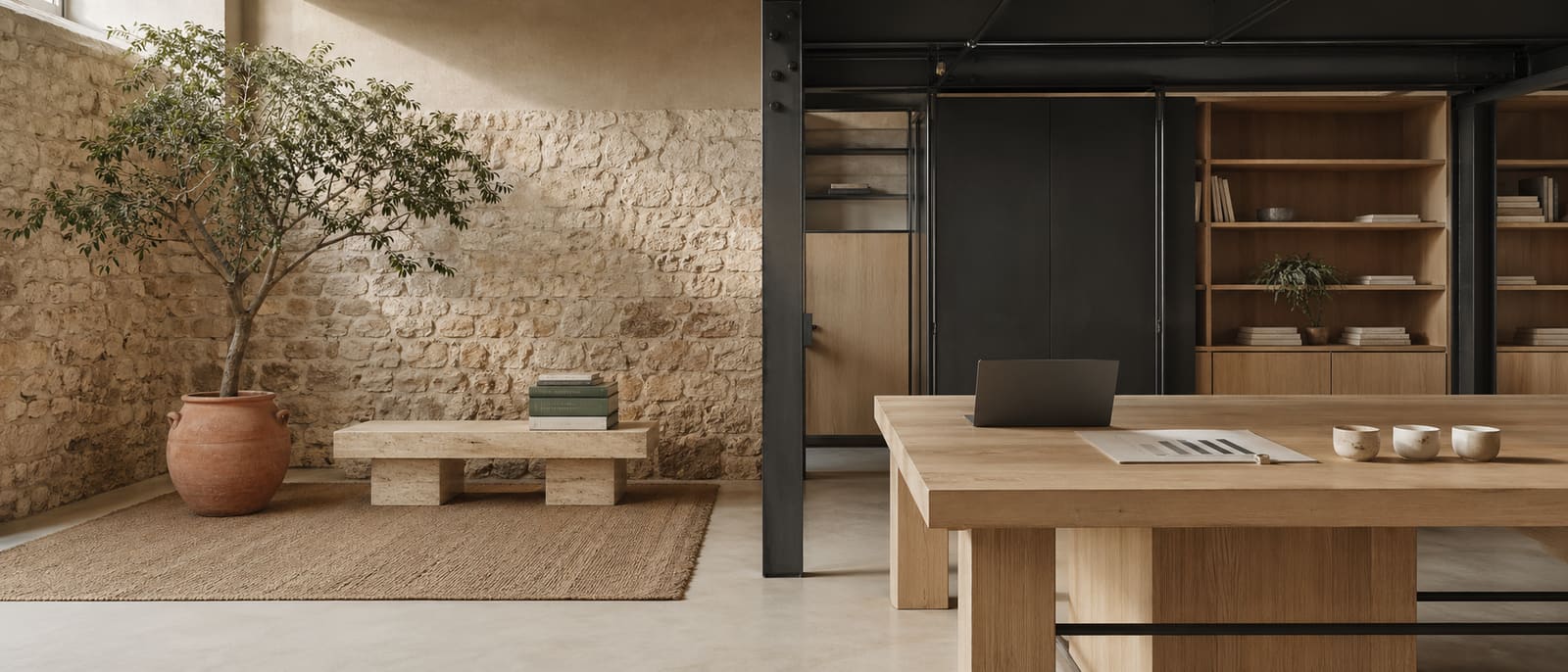 A converted Mediterranean workshop split in two halves under one slanted afternoon light: limestone wall with an olive tree in a terracotta urn on the left, matte-black steel column and pale oak shelving with a thin laptop and printed data sheet on the right — Loyaltio editorial banner suggesting two practices in one studio.