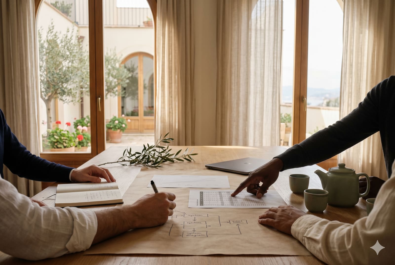 Hands of different skin tones around a long oak table — printed dossier with hairline charts, an open notebook with margin notes, a sage-green ceramic teapot and an olive branch — daylight from arched Mediterranean windows.