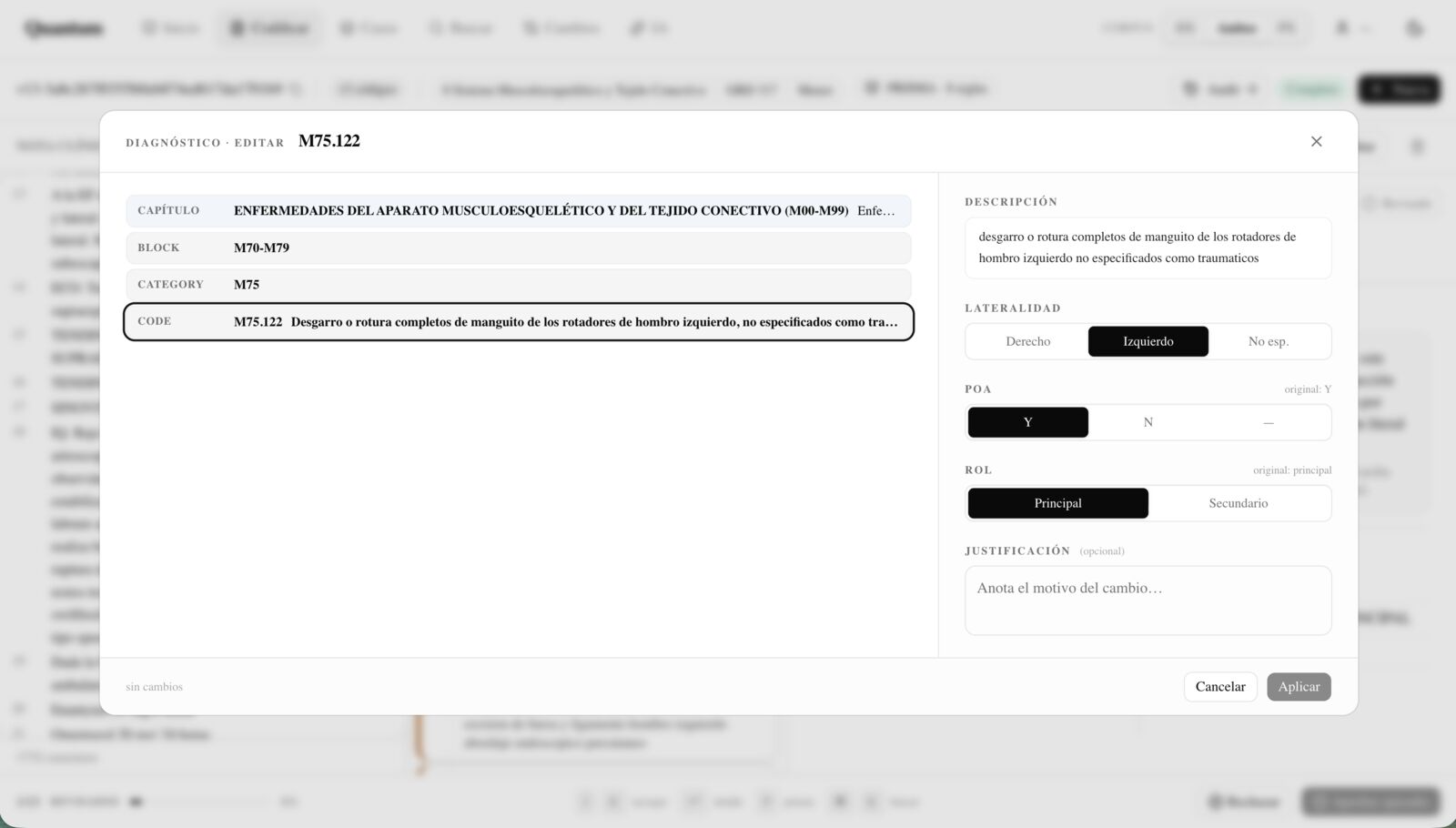 Edit a diagnosis: laterality, role, justification fields