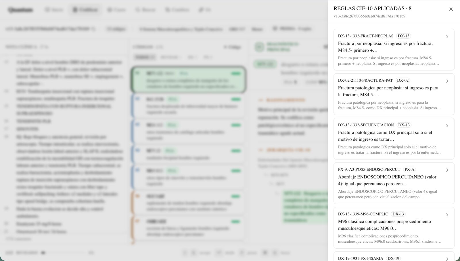 Applied rules: every CIE-10 rule the engine fired, with audit trail